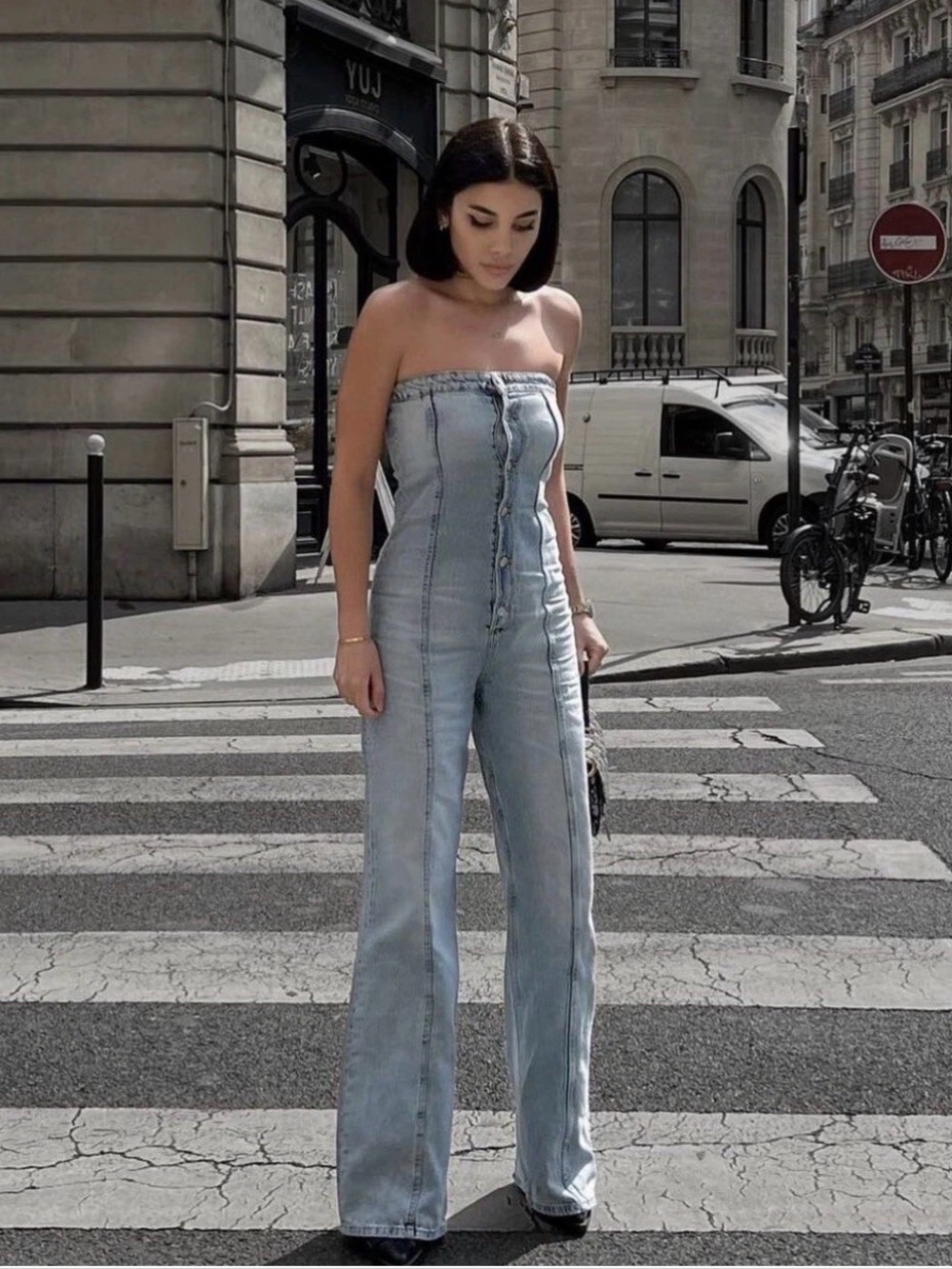 ZARA - women’s Denim strapless light wash blue jeans jumpsuit wide leg cotton M